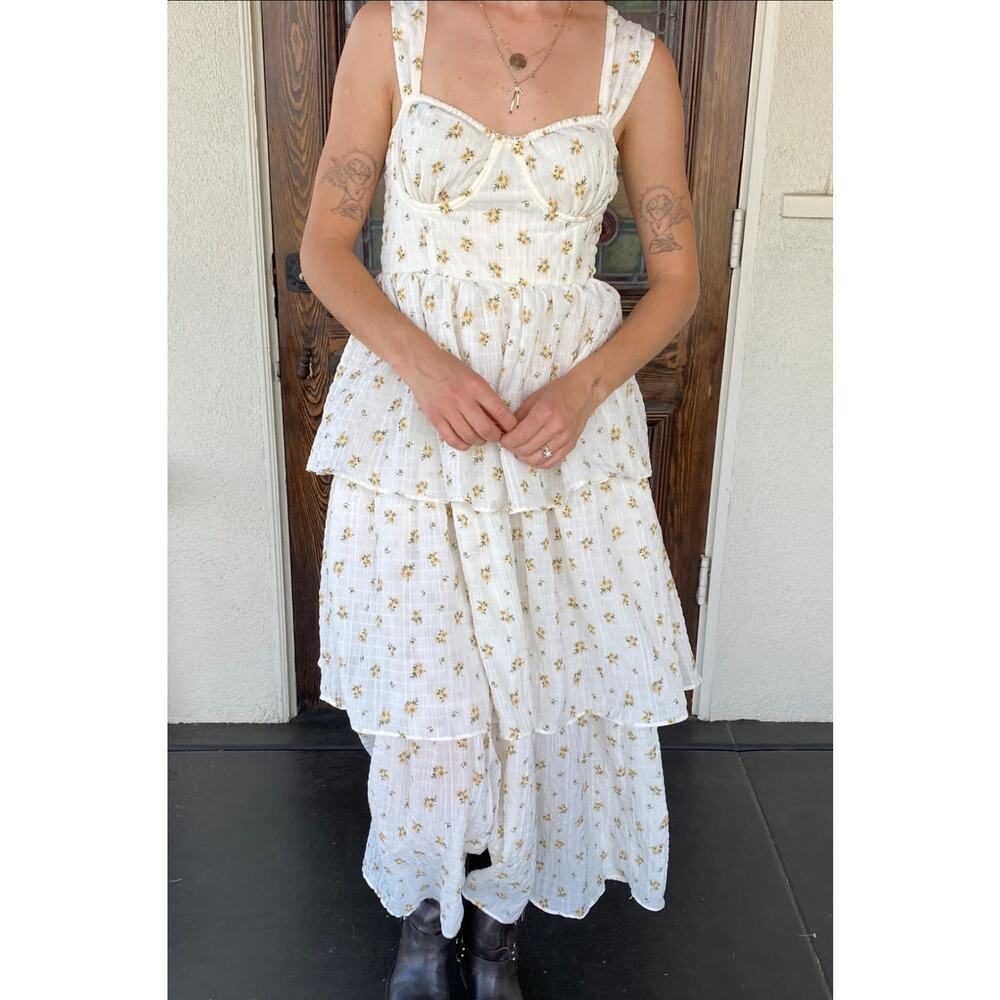 Tiered A Line Floral Bodice Maxi Sz S Peasant Cottage Whimsy Prairie Milkmaid